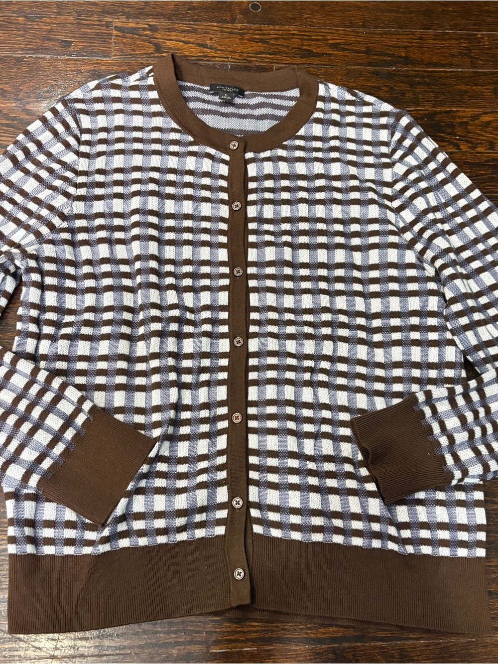 Ann Taylor Brown and White Checked Cardigan Sweater